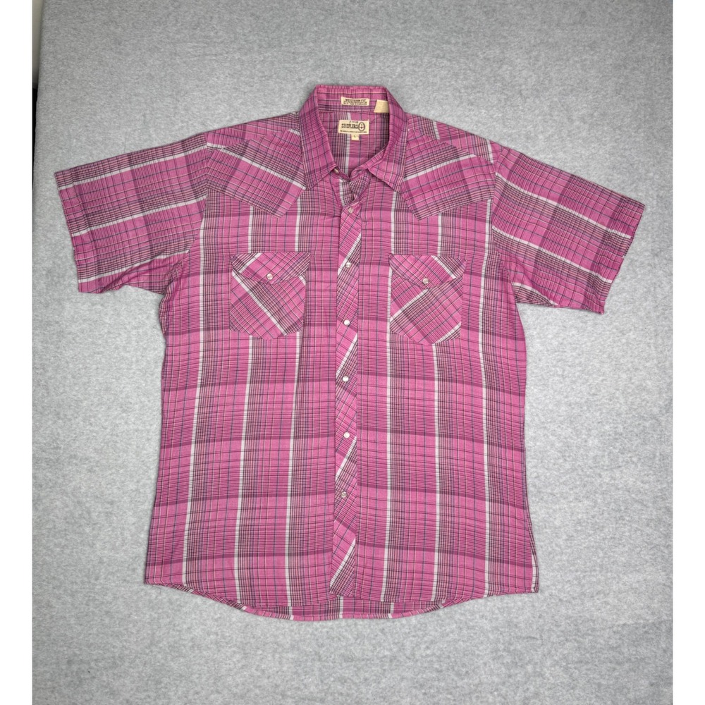 Vintage Sheplers Mens Pink Plaid Short Sleeve Pearl Snap Western Fit Shirt Large